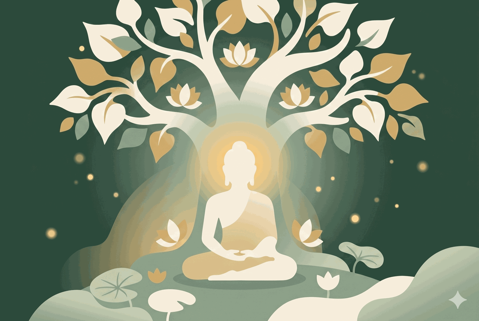 A seated Buddha in meditation beneath a Bodhi tree with lotus blossoms