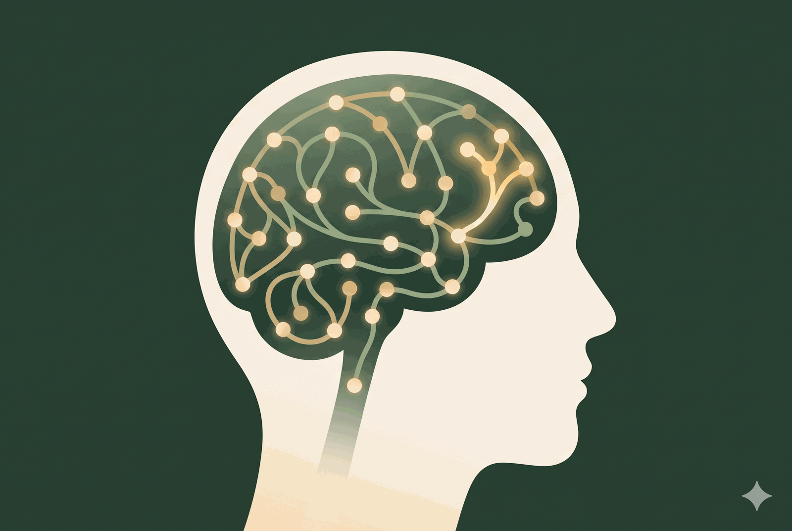 A profile silhouette with the brain shifting from faint to glowing gold — the mind being rewired