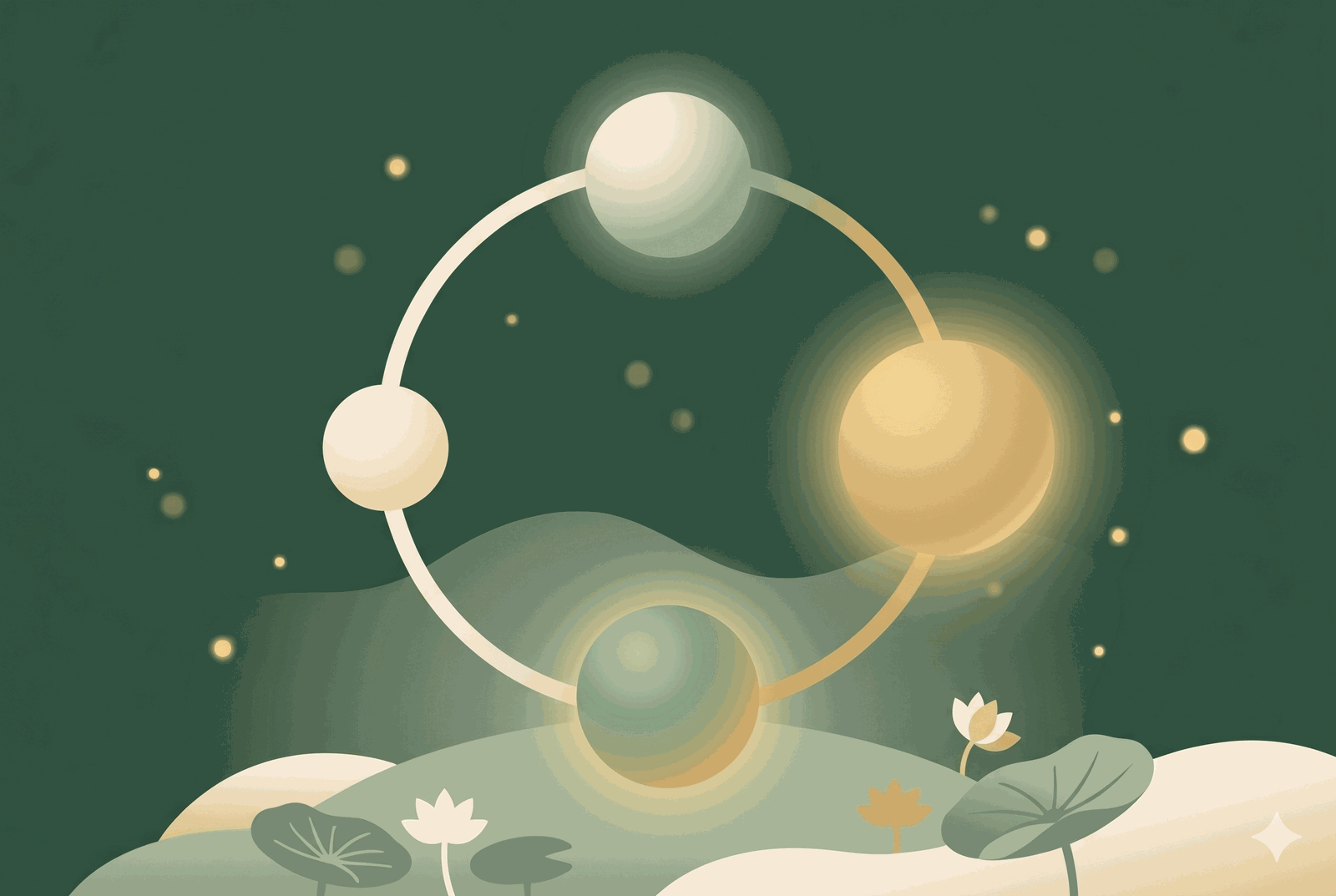 Four glowing orbs connected in a gentle circular loop above lotus flowers