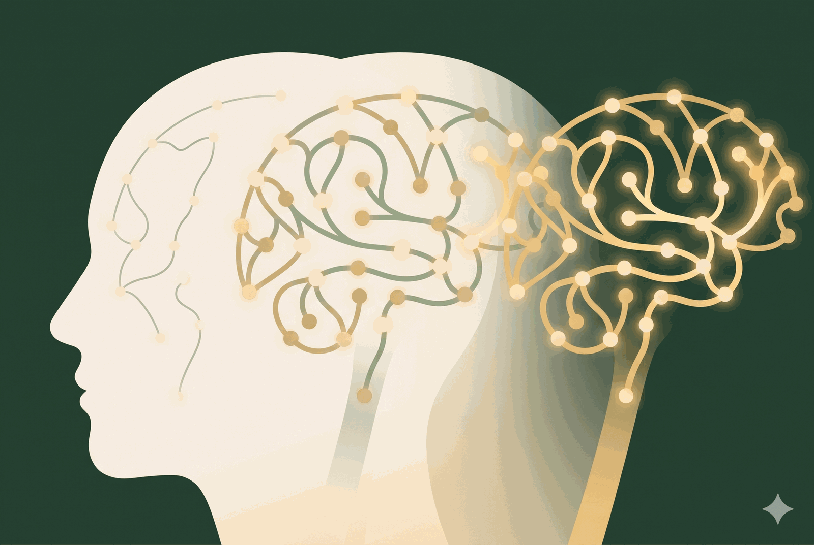 A calm head silhouette with a softly glowing brain of light pathways