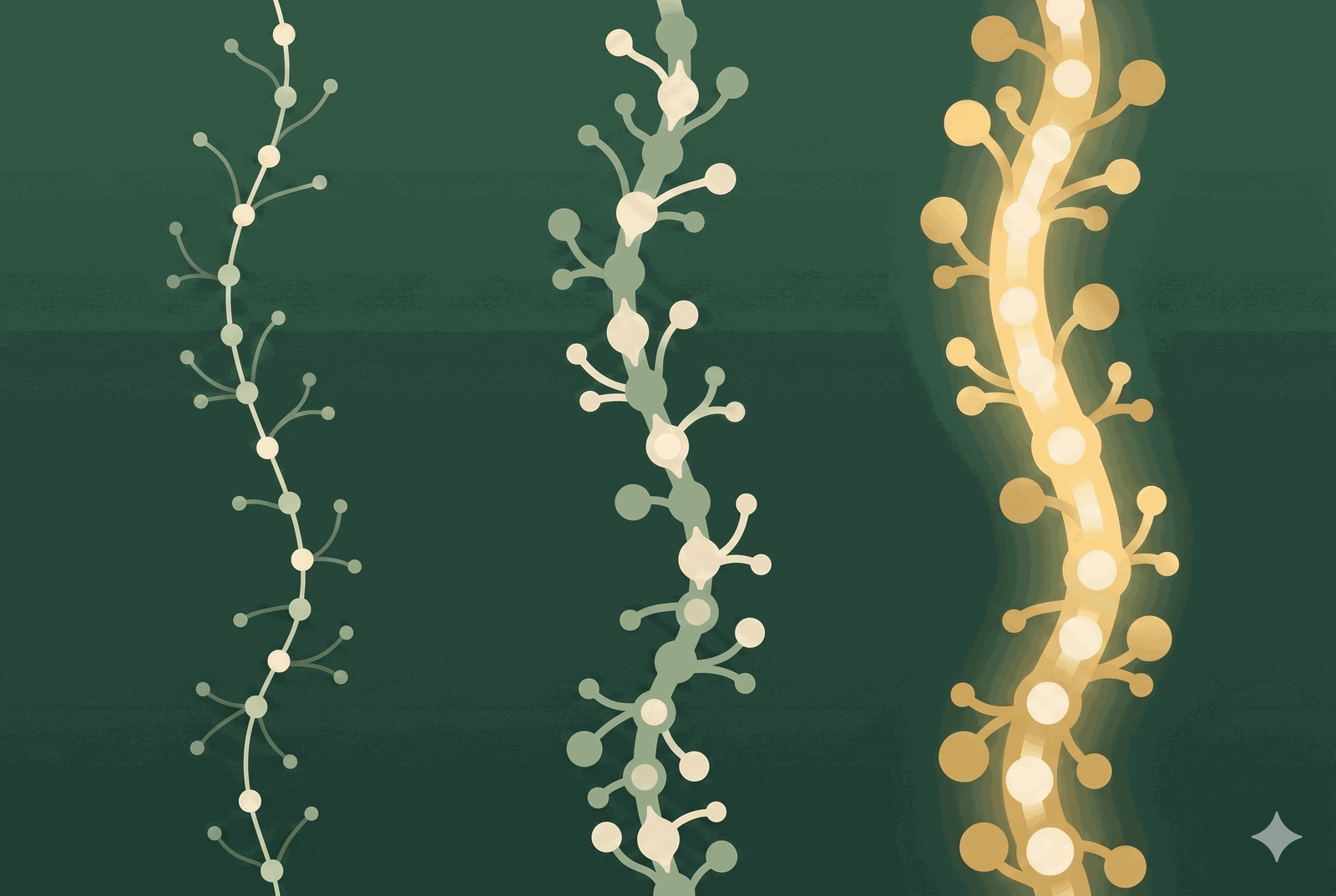 Three neural pathways growing from a faint thread to a thick glowing gold cord with repetition