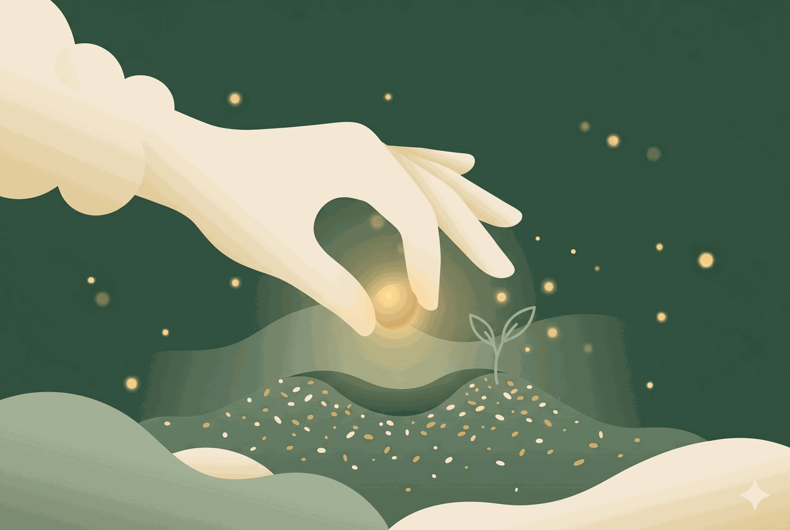 A hand placing a seed of light into soil where a small sprout is rising