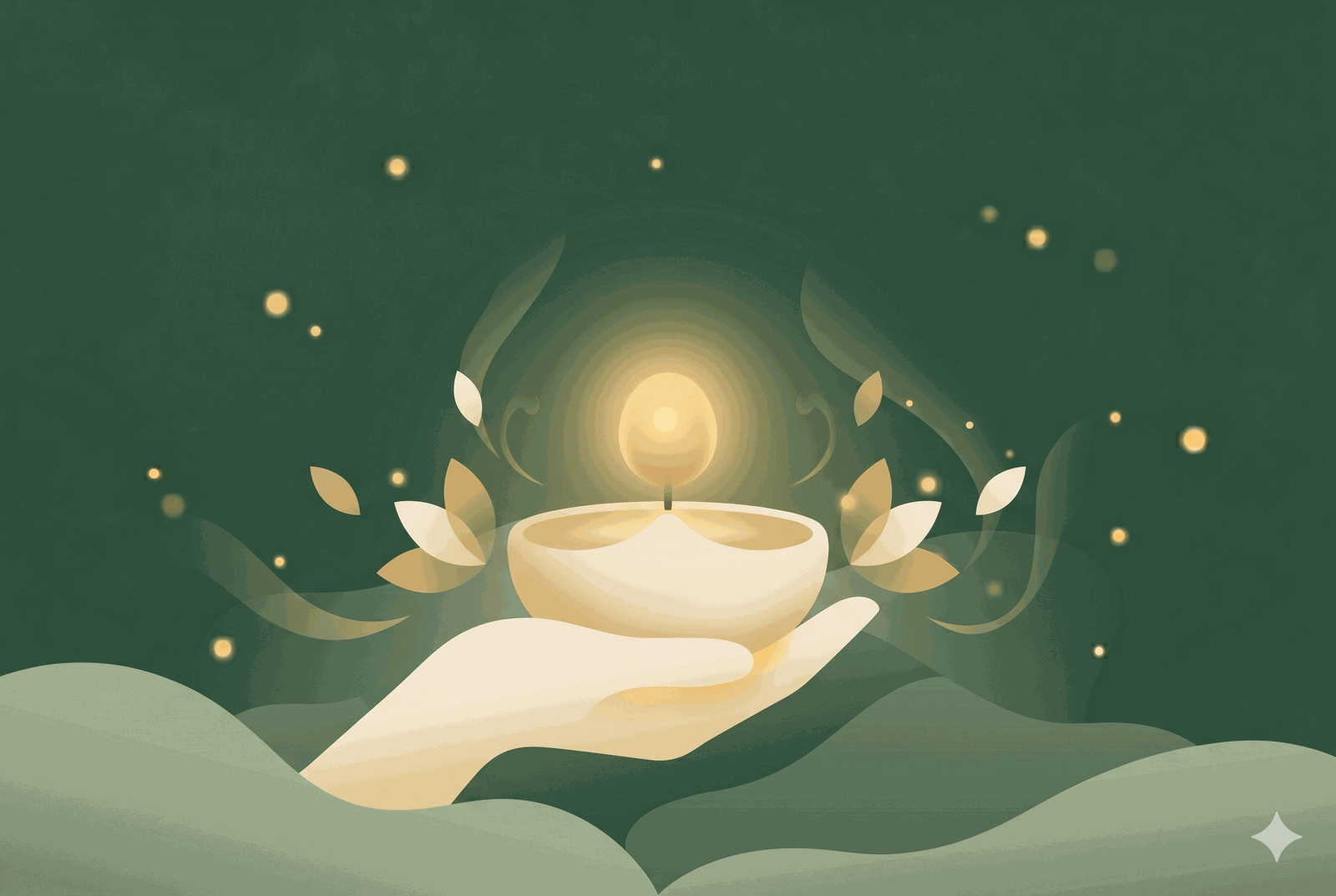 A hand holding a steady glowing lamp surrounded by lotus petals
