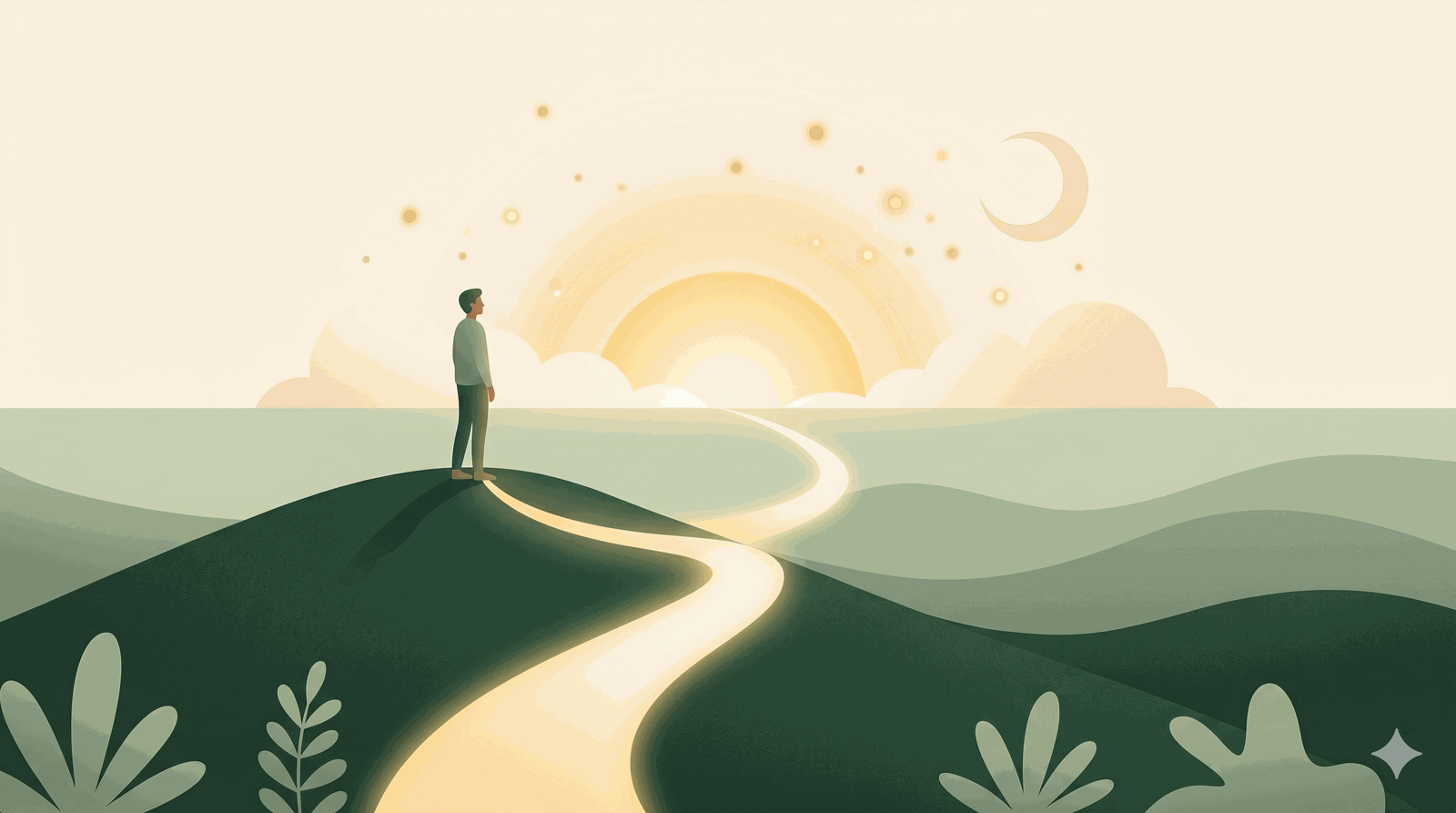A person standing peacefully at sunrise with a glowing path stretching ahead
